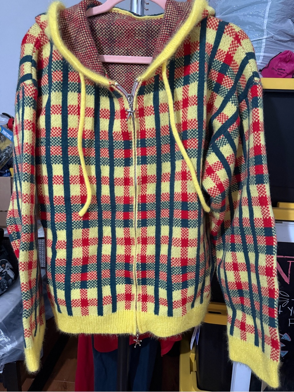 ROMWE Yellow Plaid Hooded Zip Cardigan with Green & Red Details